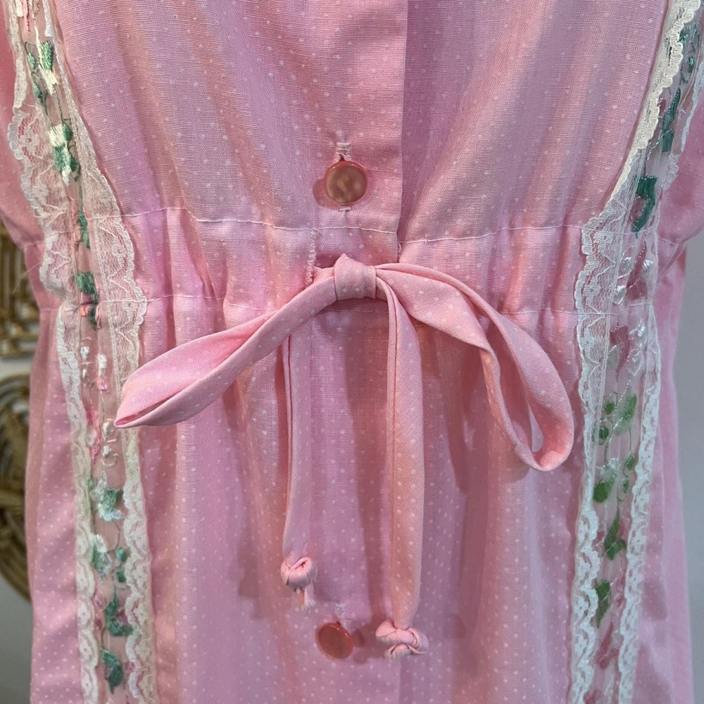 Vintage Pink Maxi Dress Button Front House Dress Nightgown Lace Trim M L - Picture 4 of 8